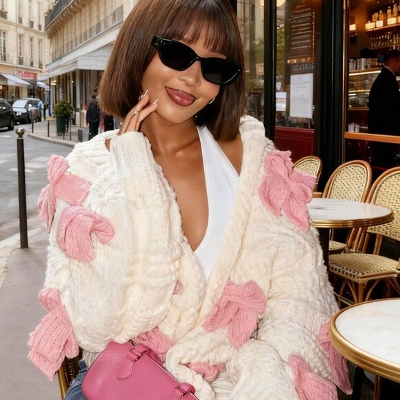 Shabby Chic Cute Women's bow detailed Soft Chunky Knit open front Cardigan - Picture 1 of 10